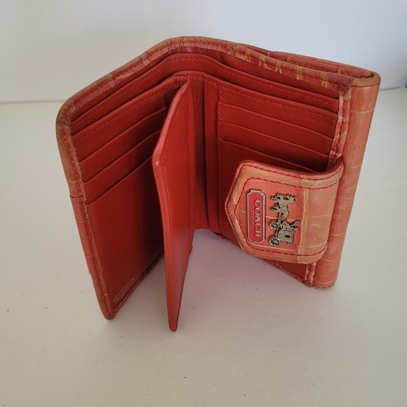 Coach Croc Wallet Medium Bifold Red Folding Leather Carriage Logo Folding - Picture 3 of 14